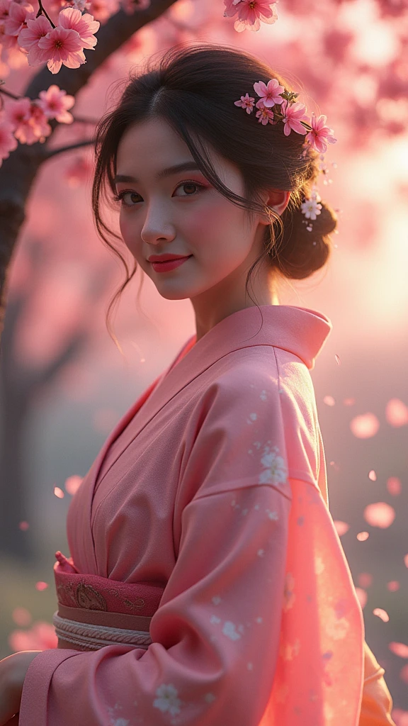 A sexy woman standing under the cherry blossom tree,Wearing a summer kimono,Hairpin,Smile,In the twilight,The petals flutter in the wind,(Use a wide-angle lens to capture full-body images:1.9),(masterpiece:1.1),(best quality:1.1)