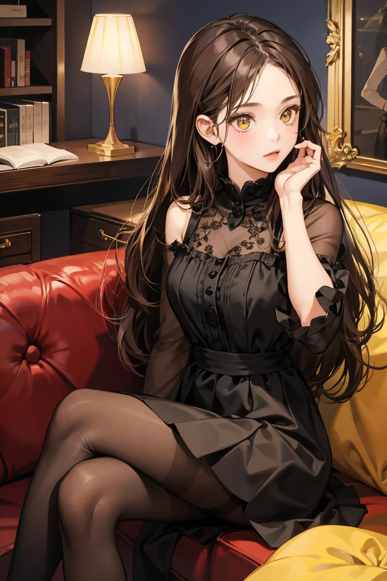 Cute girl, 30 years old, sitting, black dress, brown hair, long hair, styled hair, yellow eyes, black pantyhose