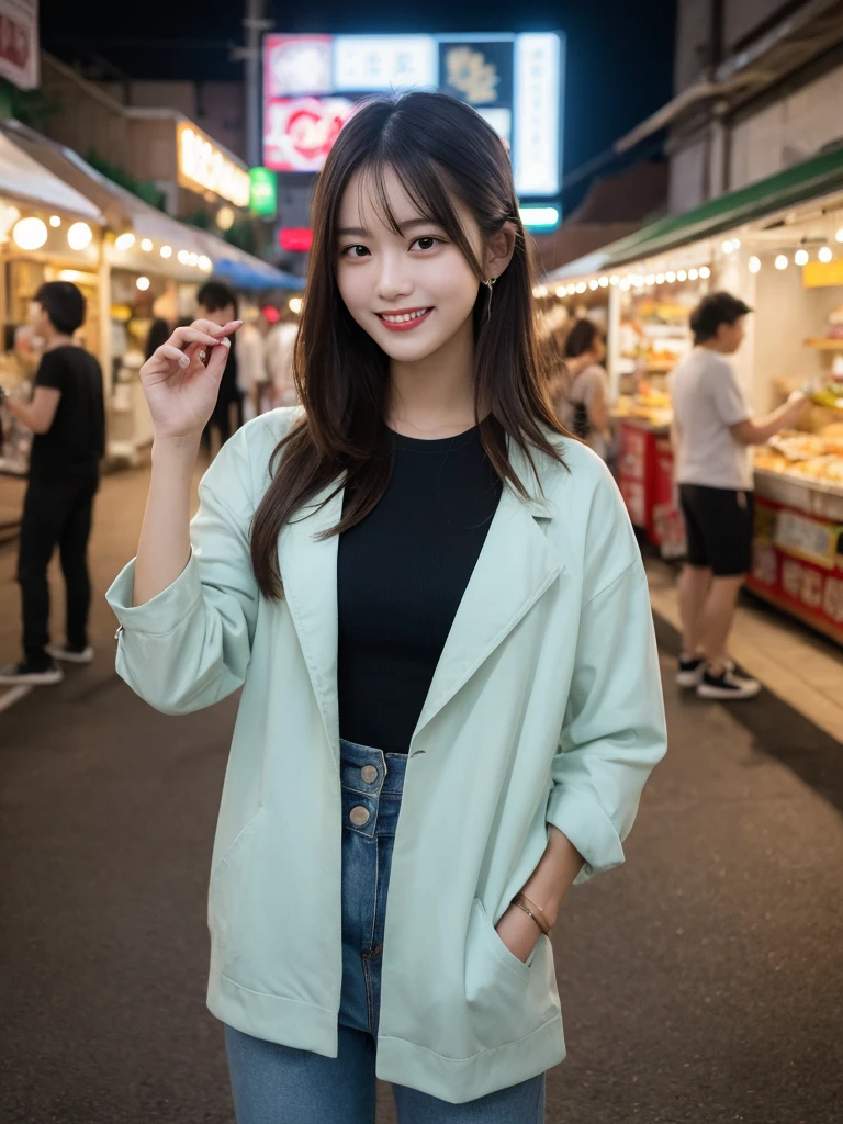 1girl, solo, highres, best_quality, masterpiece, detailed_background, intricate_details, beautiful, taipei, night_market, night, neon_lights, street_food, market, bustling, smile, looking_at_viewer, dynamic_pose, natural_pose, candid, happy, casual_clothes, trendy_clothes, modern_fashion