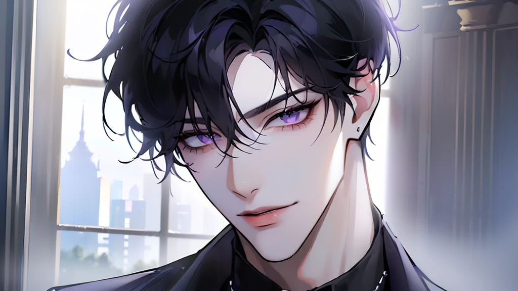 (masterpiece, 8k, high quality, best quality:1.6), 1boy, solo, short hair, black hair, asymmetrical fringe, purple eyes, handsome, sharp eyes, (mature male, mature:1.2), male focus, fashionable, tucked in open white collared shirt, gray pants, necklace, close up, smile, long eyelashes, soft shadows, perfect anatomy