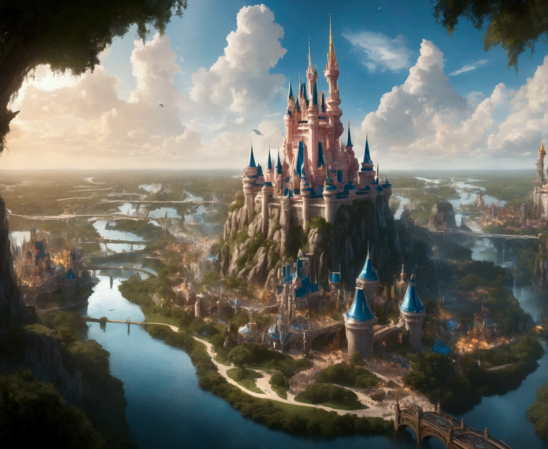 Epic, cinematic wide shot of the Magic Kingdom: a sprawling kingdom with grand castles and towers adorned with glowing runes and magical symbols. The kingdom is surrounded by floating islands and crystalline waterfalls. The sky is clear with floating orbs of light and ethereal creatures flying around. Elegant bridges connect various parts of the kingdom, with magical barriers shimmering in the sunlight. The atmosphere is mystical and grand, capturing the essence of a powerful and enchanting kingdom. Ensure high level of detail and realism to match cinematic quality.
