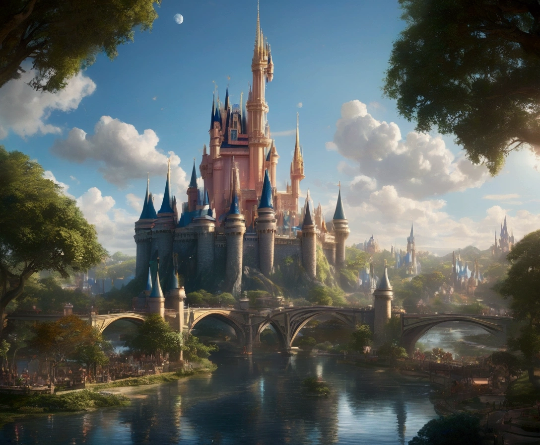 Epic, cinematic wide shot of the Magic Kingdom: a sprawling kingdom with grand castles and towers adorned with glowing runes and magical symbols. The kingdom is surrounded by floating islands and crystalline waterfalls. The sky is clear with floating orbs of light and ethereal creatures flying around. Elegant bridges connect various parts of the kingdom, with magical barriers shimmering in the sunlight. The atmosphere is mystical and grand, capturing the essence of a powerful and enchanting kingdom. Ensure high level of detail and realism to match cinematic quality.