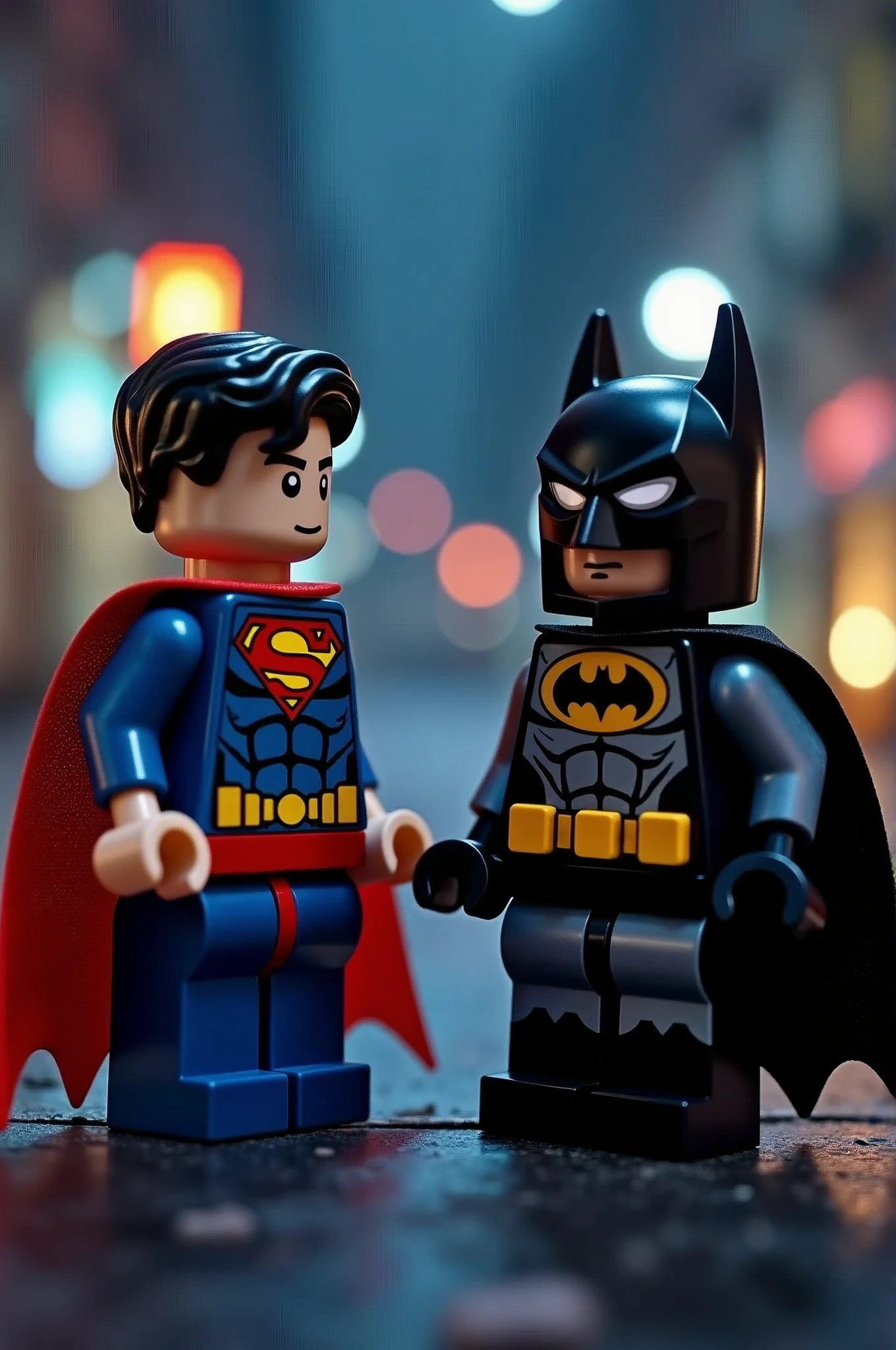 Superman and Batman in lego art, night
