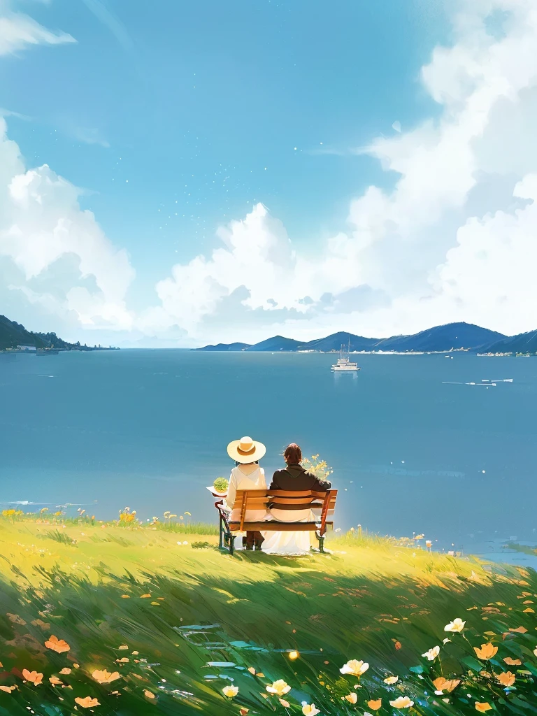 A man and a woman sit on a bench by the water, a beautiful artwork illustration, Gaze at the water, serene illustration, Detailed scenery —width 672, author Choi Buk, author：Yi Yinwen, blurry and dreamy illustration, Landscape Artwork, blurred and dreamy illustration, author：Golden Farmer, author：Yang J, dreamy illustration, Sunbathing. illustration