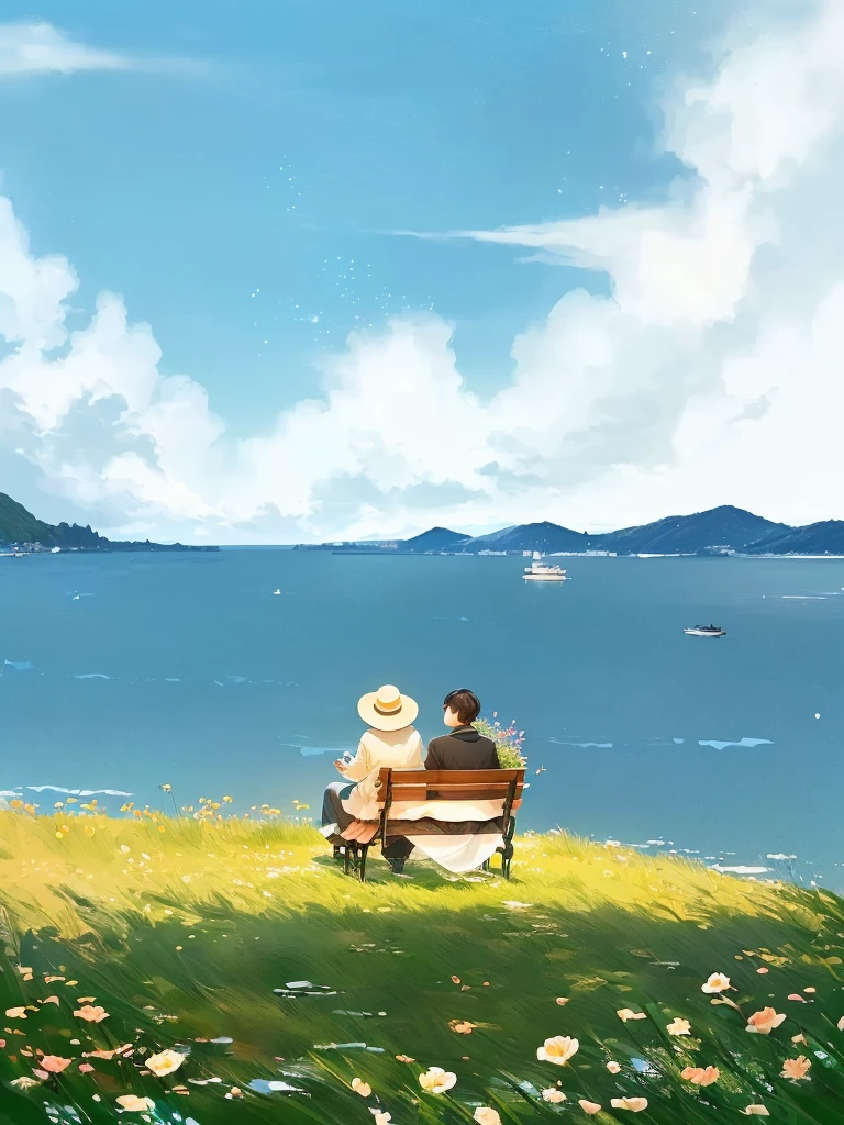 A man and a woman sit on a bench by the water, a beautiful artwork illustration, Gaze at the water, serene illustration, Detailed scenery —width 672, author Choi Buk, author:Yi Yinwen, blurry and dreamy illustration, Landscape Artwork, blurred and dreamy illustration, author:Golden Farmer, author:Yang J, dreamy illustration, Sunbathing. illustration