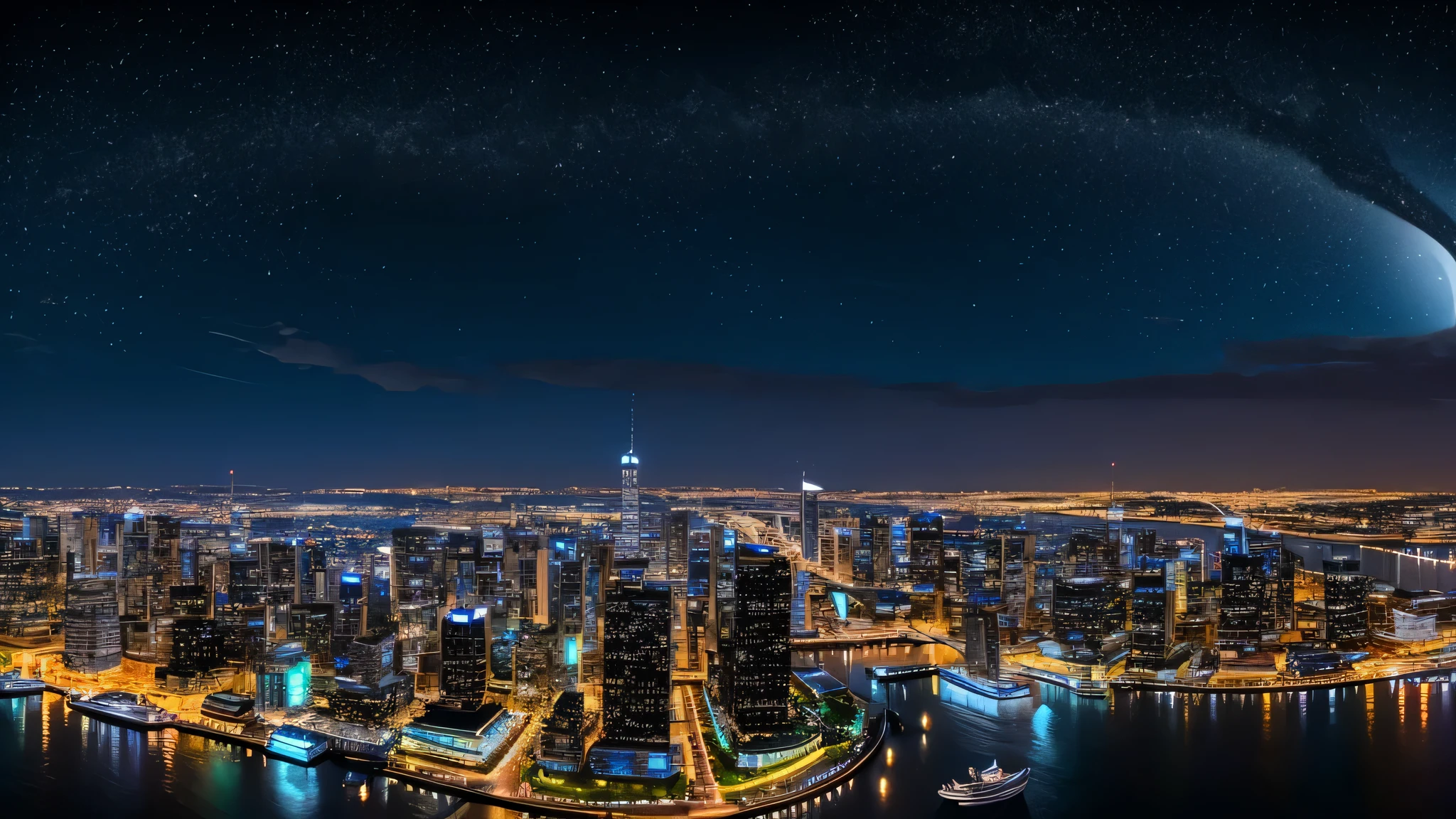 Fantastic city night view　The sea in the foreground　Behind them are buildings　Furthermore, there is a large Saturn in the background.