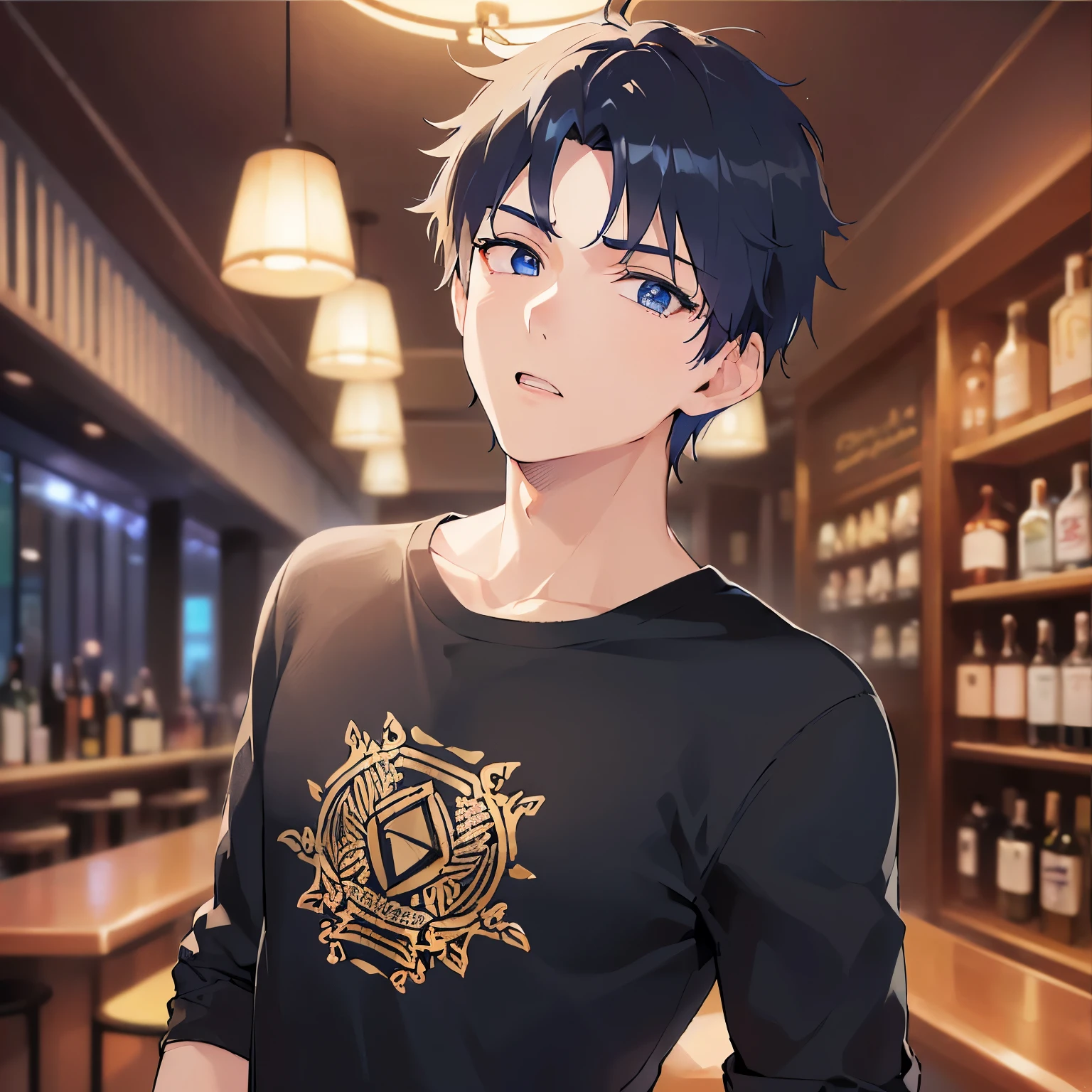 upper body,
shiny skin, masterpiece、Highest quality、
(25-year-old male:1.5) and (Black short hair) and (blue eyes), 
Black long sleeve T-shirt,
surprised,The background is the interior of a bar at night.、(alone:1.5)