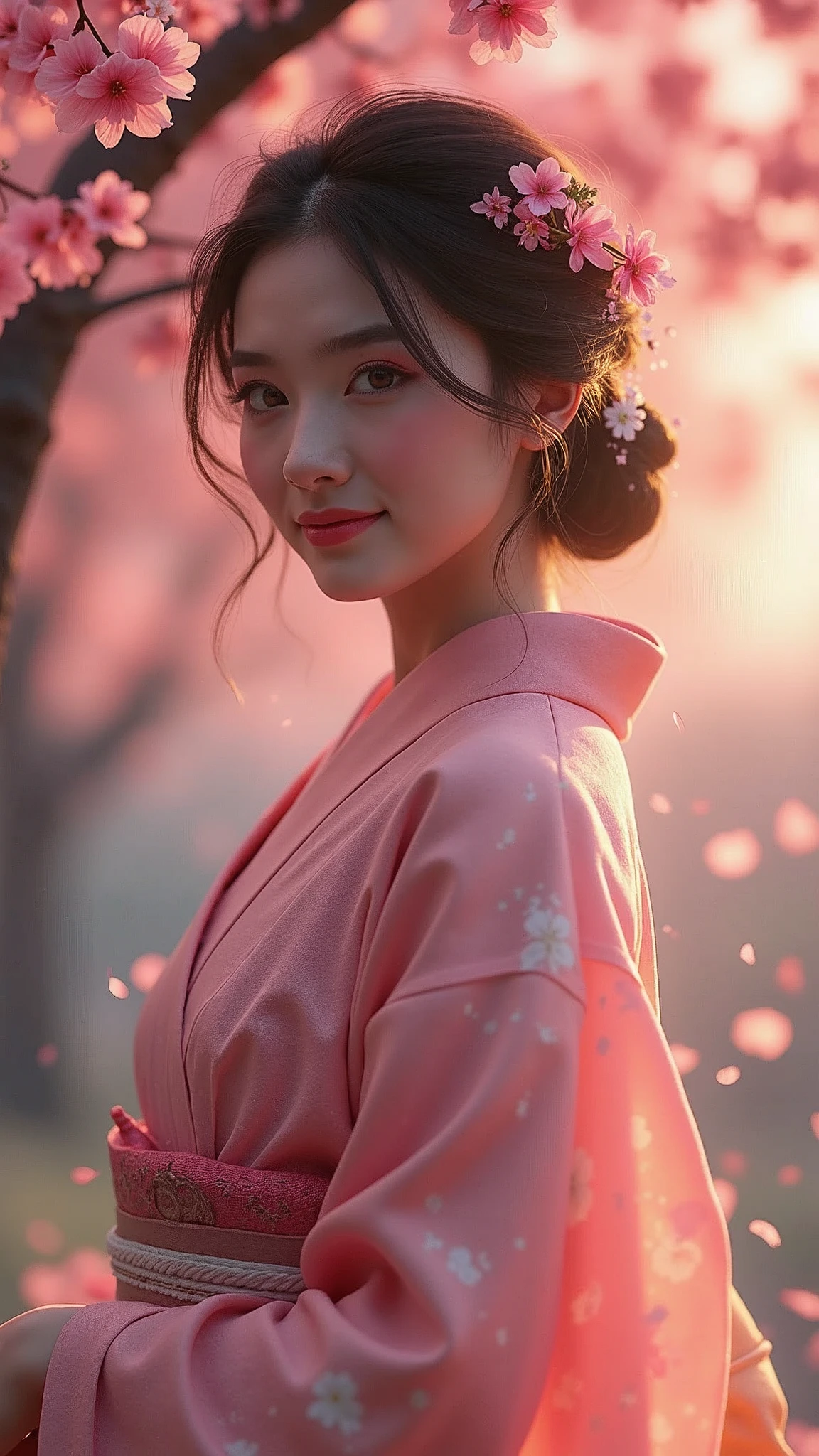 A sexy woman standing under the cherry blossom tree,Wearing a summer kimono,Hairpin,Smile,In the twilight,The petals flutter in the wind,(Use a wide-angle lens to capture full-body images:1.9),(masterpiece:1.1),(best quality:1.1)