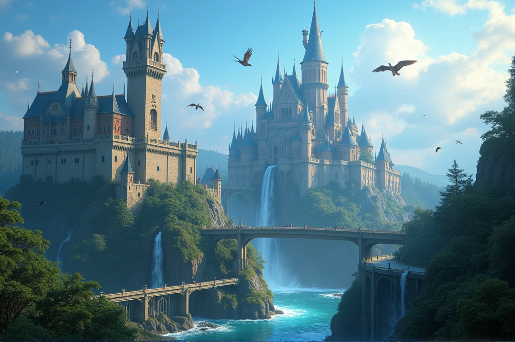 A realistic, cinematic wide shot of the Magic Kingdom: a sprawling kingdom with grand castles and towers built from stone and adorned with subtle, glowing runes and magical symbols. The kingdom is surrounded by natural landscapes including forests, rivers, and crystalline waterfalls. The sky is a clear blue with occasional floating orbs of light and ethereal creatures gliding gracefully. Bridges connect various parts of the kingdom, with hints of magical barriers shimmering faintly in the sunlight. The atmosphere is majestic and enchanted, capturing the essence of a powerful and enchanting kingdom. High level of detail and realism with natural textures and lighting to match cinematic quality.