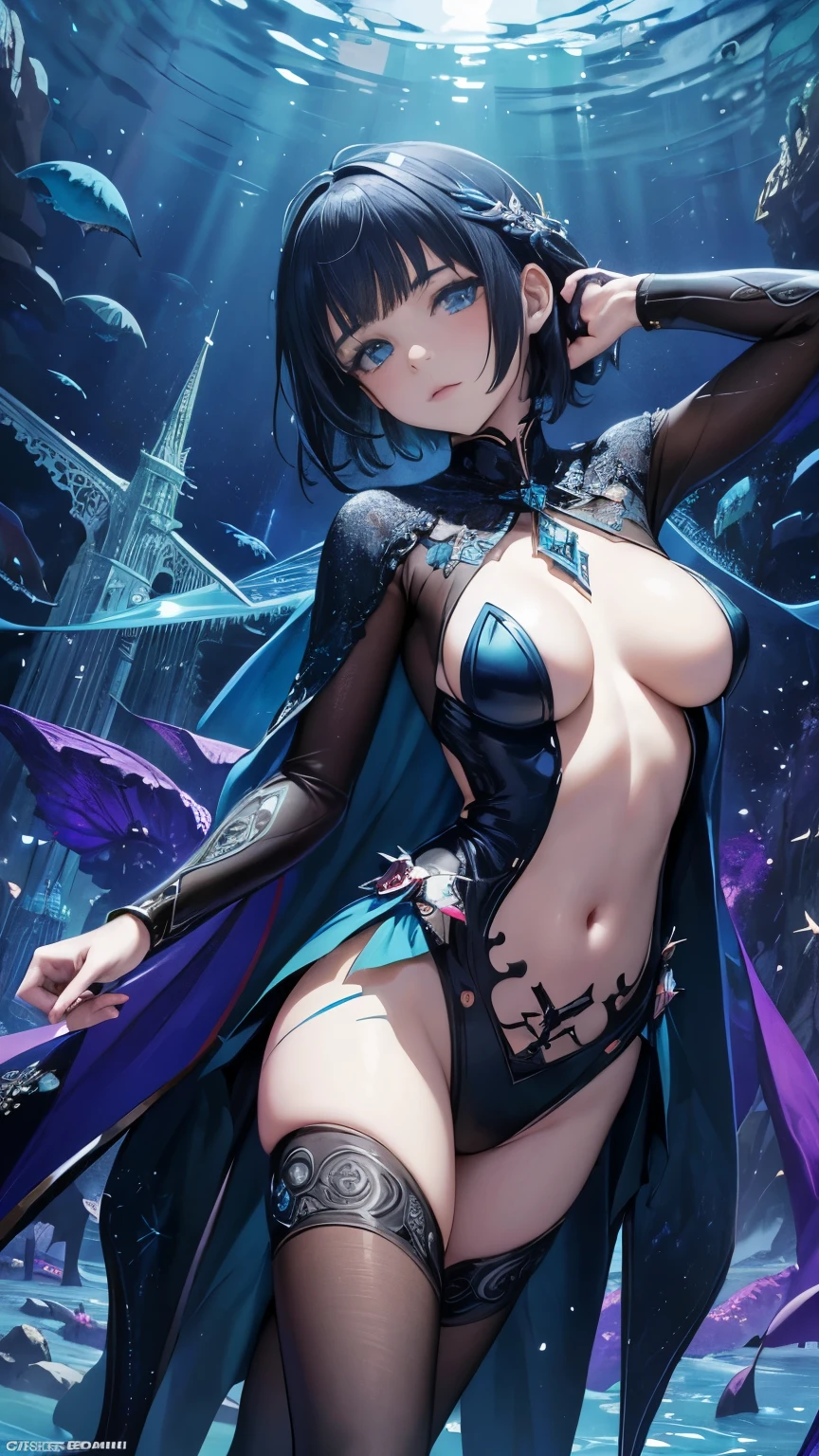 Alberto Savinio, Horacio Altuna, Edd Cartier, Karel Teige, Harry Clarke, Surrealism, mysterious, strange, bizarre, fantasy, Sci-fi, Japanese anime, a world straight out of an encyclopedia, the sun shining on the ocean floor, a beautiful girl in a miniskirt diving into minerals, perfect voluminous body, detailed masterpiece 