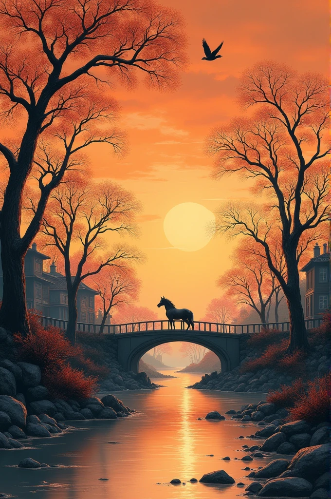 masterpiece, high quality, high resolution,8K, Chinese painting ,, Withered vines, age ((Trees)), dusk ((crow)) Freedom Cry,, ((A small bridge)), flowing water, (((Humble residence))),  (a horse:1.6),, A cold wind blows from the west ((An ancient road)),, Sunset, I am heartbroken,, 