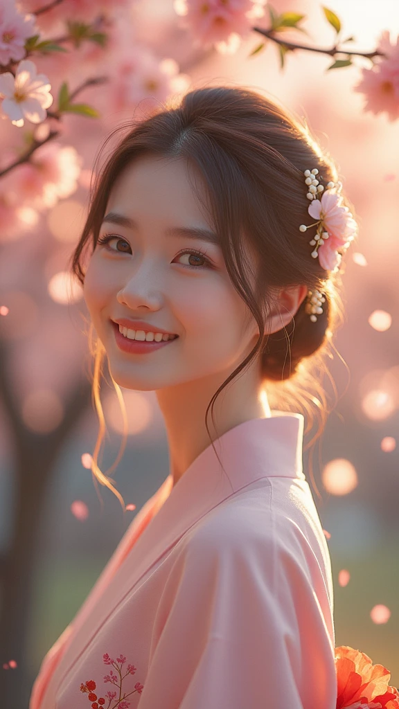 A sexy woman standing under the cherry blossom tree,Wearing a light-colored summer kimono,Hairpin,Smile,In the twilight,The petals flutter in the wind,(Use a wide-angle lens to capture full-body images:1.9),(masterpiece:1.1),(best quality:1.1)