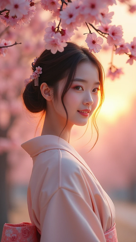 A sexy woman standing under the cherry blossom tree,Wearing a light-colored summer kimono,Hairpin,Smile,In the twilight,The petals flutter in the wind,(Use a wide-angle lens to capture full-body images:1.9),(masterpiece:1.1),(best quality:1.1)