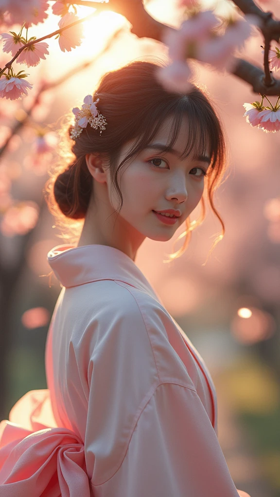 A sexy woman standing under the cherry blossom tree，Wearing a light-colored summer kimono，Hairpin，Smile，In the twilight，The petals flutter in the wind，(Use a wide-angle lens to capture full-body images:1.9)，(masterpiece:1.1)，(best quality:1.1)