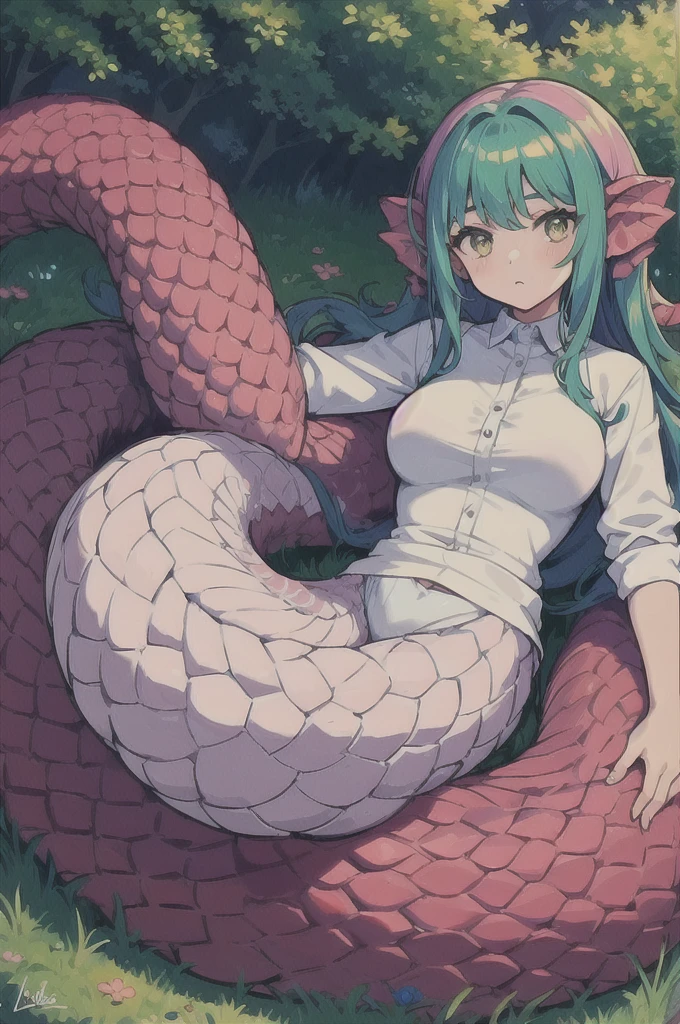 1 girl, lamia, Scales, White shirt, whole body, on open air,