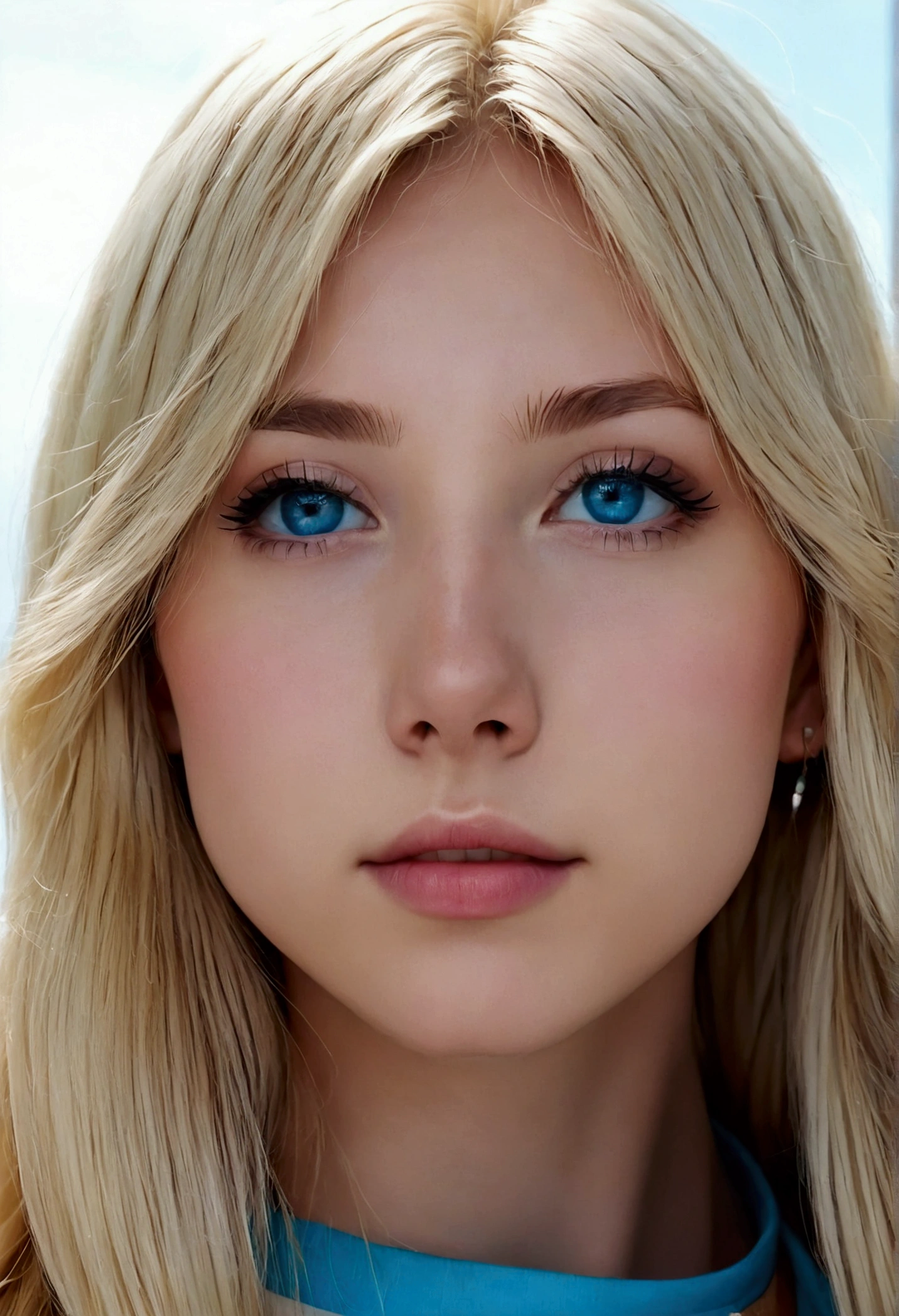 Beautiful white and shining skin, 3 Up, Unparalleled beauty, bright, Refreshing and gentle look, Perfect beautiful pretty face、Shiny baby blonde silk hair、Super long straight hair, Beautiful shiny bangs, A very beautiful and beautiful 17 year old girl, eyeliner, so perfect and beautiful、big, clear sky blue eyes、beautiful eyes highlights