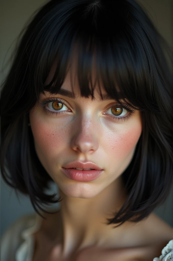RAW photo, best quality, masterpiece, photorealistic, 18 years old, Beautiful Eastern European woman, solo, detail face, detail eyes, detailed skin, brown eyes, black hair, short straight bob cut, looking at viewer,