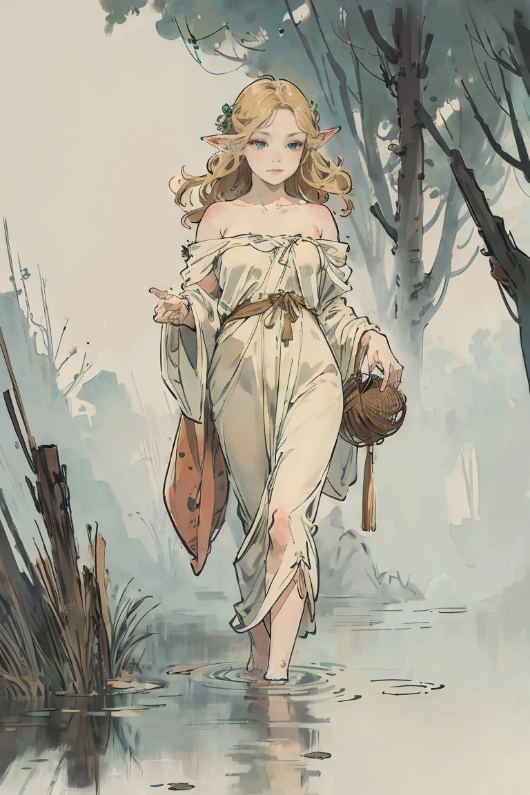 sfw,masutepiece, Best Quality, High resolution, 1girl, Full body, detail girl, detail hands, detail fingers, detail face, detail leg, 1girl, elf, looking down, dirty swamp, black sky, smog, watercolor, pale skin, , blonde hair, long hair, wavy hair, woe, sad smile, green eyes, tareme, medium breasts, white sundress, bare back, pray