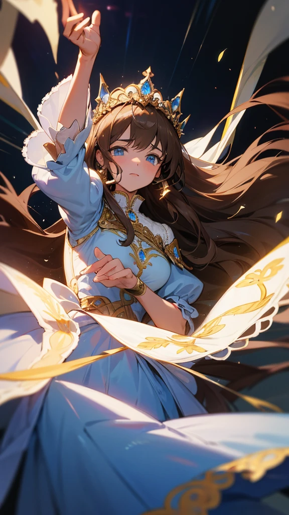 In the middle of the war, a princess uses her magic to protect her allies, and empower her troops. Her aura glows admist the darkness of the war as she prays, girl with long brown hair, an elaborate light blue ballgown, light blue eyes, long white embroidered gloves, a princess's tiara, enormous puffy sleeves, golden embroidery, flower details, long train, lots of lace and frills, a white ribbon in her hair, a royal cape, jewelry, reaching out towards you.