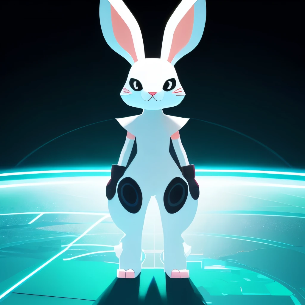 Cartoon animal design, flat style cute rabbit full body photo, simple but not lost sense of design, fresh flat style, cyberpunk elements are applied freely, the front view presents a charming cute posture, and the feet hang down in a cute posture