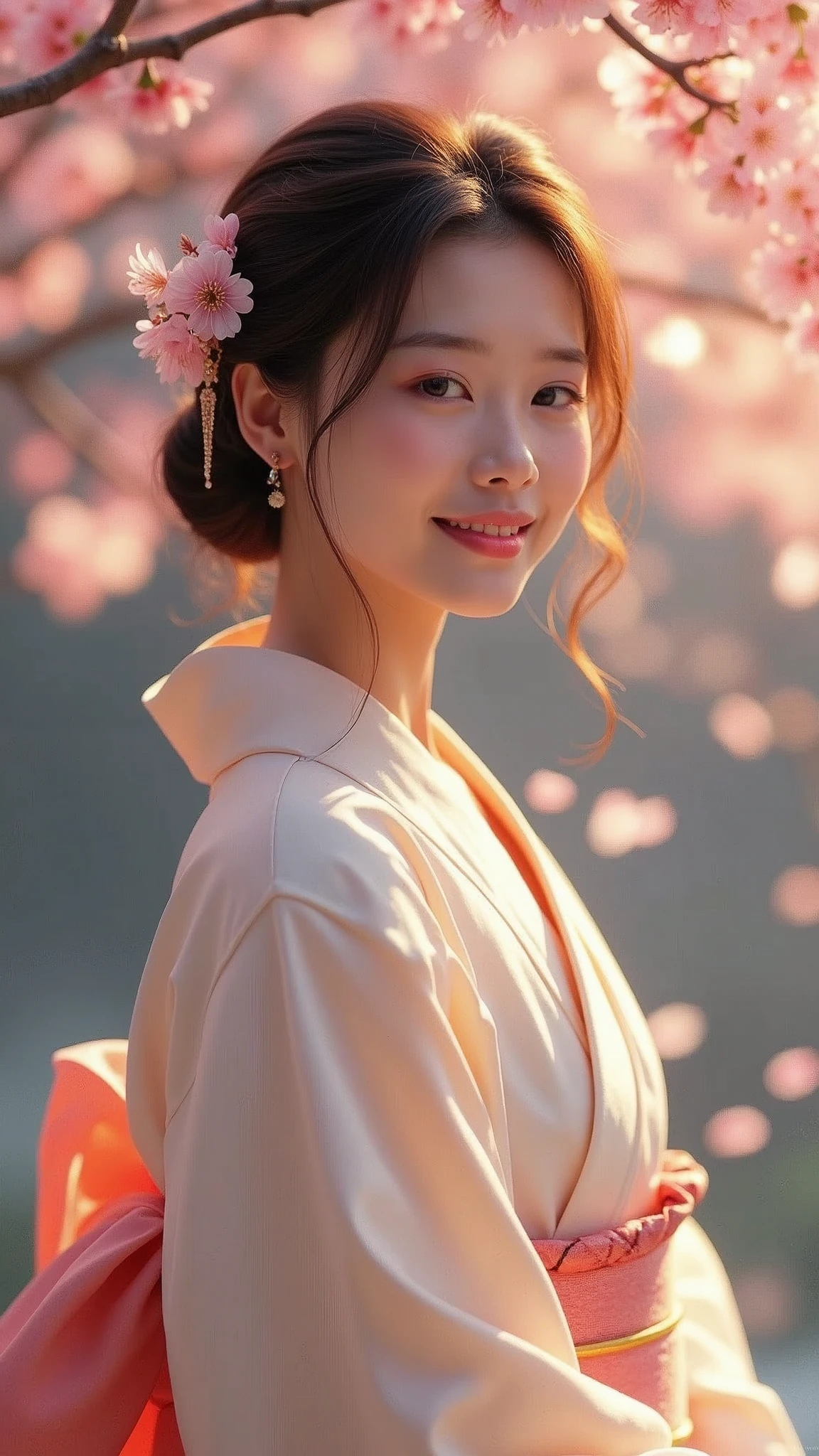 A sexy woman standing under the cherry blossom tree,Wearing a light-colored summer kimono,Hairpin,Smile,In the twilight,The petals flutter in the wind,(Use a wide-angle lens to capture full-body images:1.9),(masterpiece:1.1),(best quality:1.1)