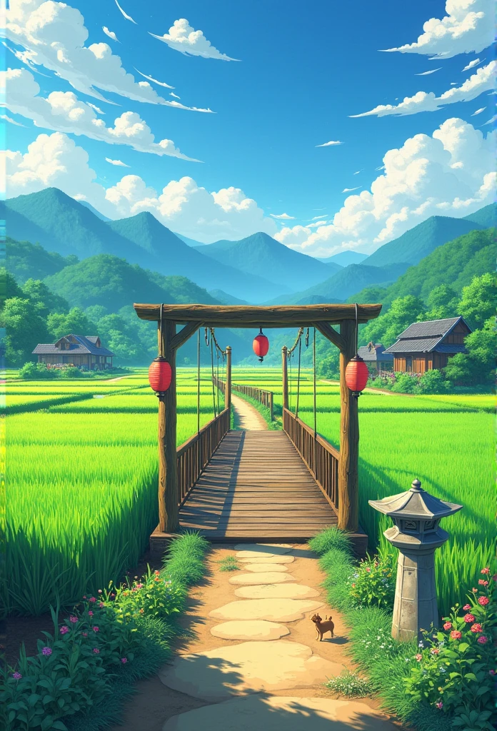 "A charming rural landscape in the style of Studio Ghibli. Lush green rice fields stretch out, with mountains in the background. An old wooden bridge crosses the rice fields, adorned with red lanterns hanging from it. The sky is filled with blue and white clouds, and soft, warm light filters through. Small countryside houses are scattered throughout, surrounded by flowers and trees. Swaying rice plants and colorful flowers add vibrancy to the scene, creating a warm and peaceful atmosphere. The path features old stone lanterns and small animals hidden among the grass."