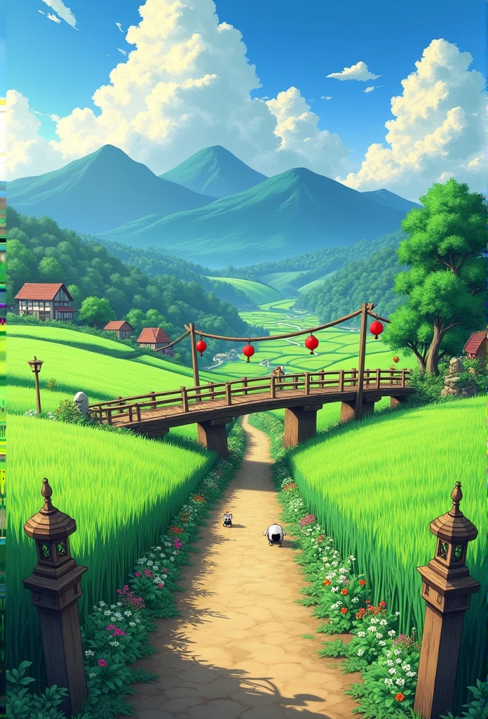 "A charming rural landscape in the style of Studio Ghibli. Lush green rice fields stretch out, with mountains in the background. An old wooden bridge crosses the rice fields, adorned with red lanterns hanging from it. The sky is filled with blue and white clouds, and soft, warm light filters through. Small countryside houses are scattered throughout, surrounded by flowers and trees. Swaying rice plants and colorful flowers add vibrancy to the scene, creating a warm and peaceful atmosphere. The path features old stone lanterns and small animals hidden among the grass."