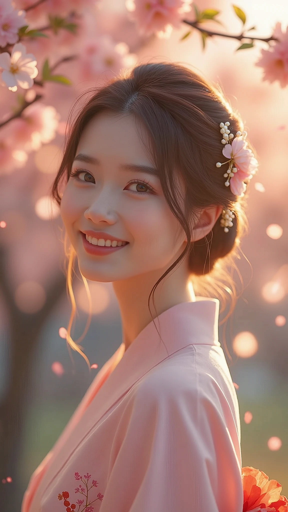 A sexy woman standing under the cherry blossom tree,Wearing a light-colored summer kimono,Hairpin,Smile,In the twilight,The petals flutter in the wind,(Use a wide-angle lens to capture full-body images:1.9),(masterpiece:1.1),(best quality:1.1)