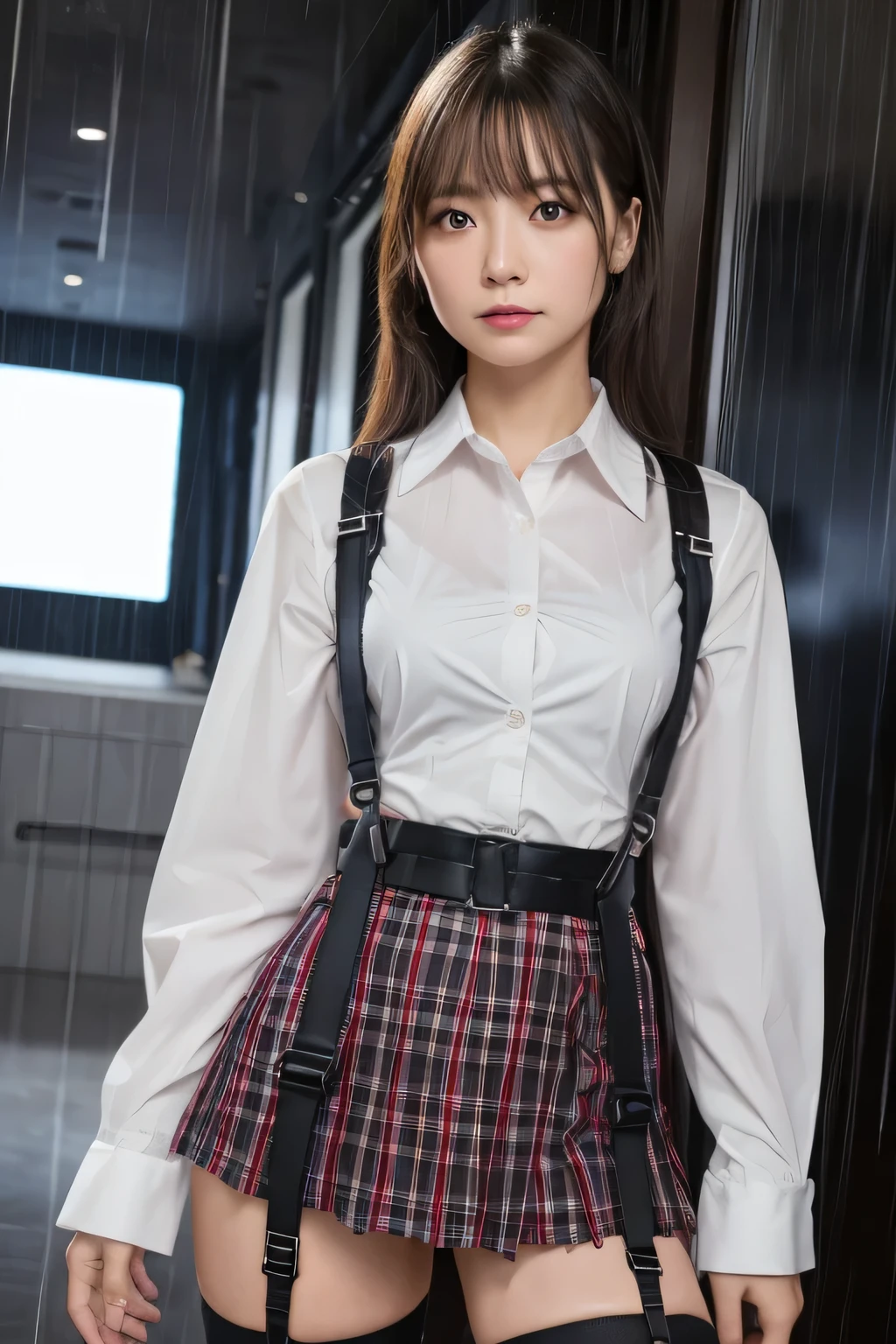 1 female, , high quality, masterpiece, Ultra-high resolution, Cinema Lighting, 1 female, , high quality, masterpiece, Ultra-high resolution, , Cinema Lighting, suspenders Moderate breasts Small face Looking up Sweat Thin belt buzzer 脇Sweat Garter belt Belt on pants holster Hands behind your back Looking up Anxious face Knee-high Knee socks Knee-highソックス garter ふとももにGarter belt Checkered mini skirt Panty shot Skirt gap Armament holster holster Hands behind your back Anxious expression Anxious face, legs apart Armament Leg holster holster See-through clothing heavy rain Rain-soaked dress shirt,