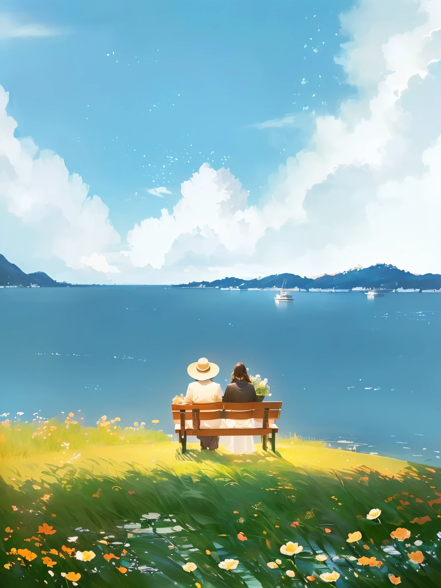 A man and a woman sit on a bench by the water, a beautiful artwork illustration, Gaze at the water, serene illustration, Detailed scenery —width 672, author Choi Buk, author:Yi Yinwen, blurry and dreamy illustration, Landscape Artwork, blurred and dreamy illustration, author:Golden Farmer, author:Yang J, dreamy illustration, Sunbathing. illustration