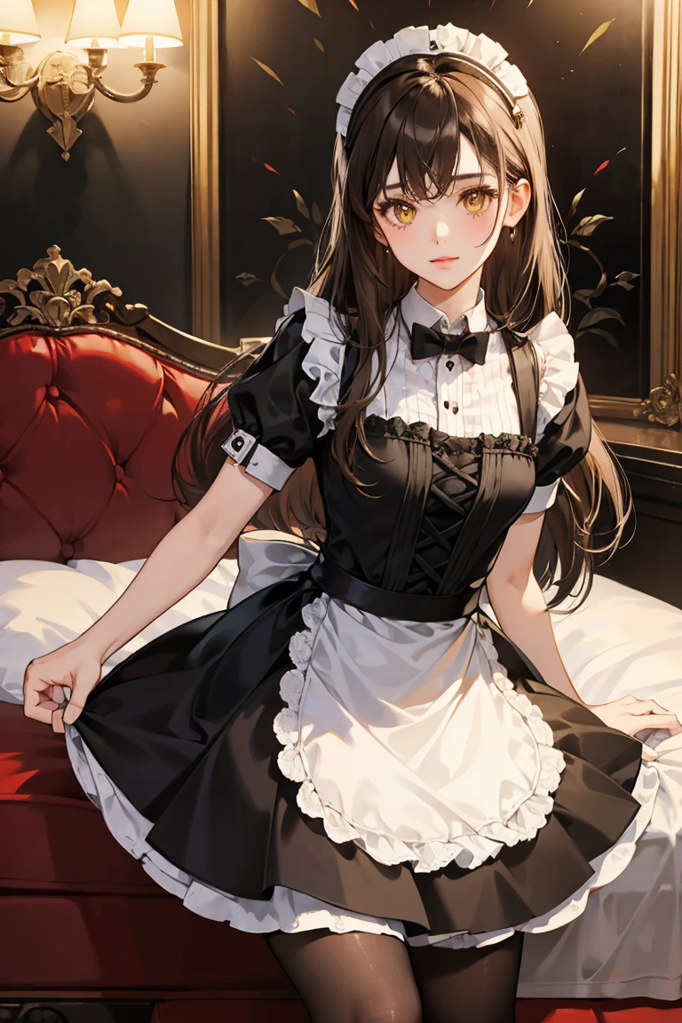 Cute girl, 30 years old, detailed eyes, maid, black dress, brown hair, long hair, styled hair, yellow eyes, black pantyhose