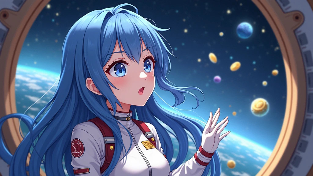 A sexy girl with blue eyes and long blue hair wearing space suit in a spaceship's cockpit. Floating in the air, while looking at a galaxy made with gold and coins through a window. She's very beautiful and cute, her lips is soft pink, her hands is perfect and her eyes is very detail. Anime style, Japanese artist, high definition, masterpiece, best quality, high resolution, detail lighting and shadow.