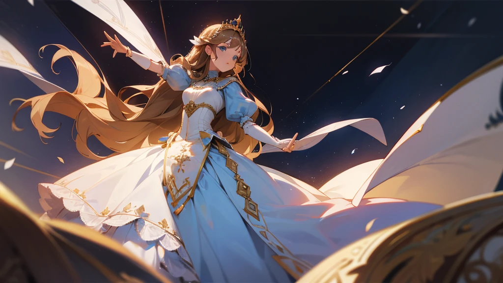 In the middle of the war, a princess uses her magic to protect her allies, and empower her troops. Her aura glows admist the darkness of the war as she prays, girl with long brown hair, an elaborate light blue ballgown, light blue eyes, long white embroidered gloves, a princess's tiara, enormous puffy sleeves, golden embroidery, flower details, long train, lots of lace and frills, a white ribbon in her hair, a royal cape, jewelry, reaching out towards you.