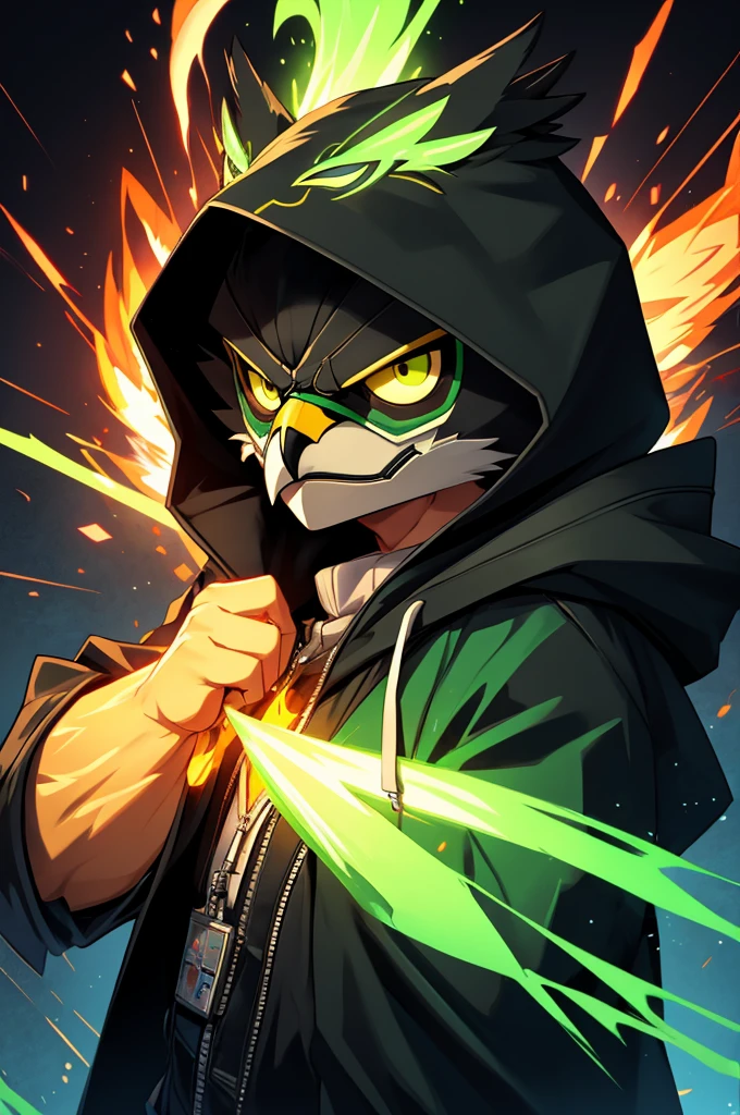 offcial art, Unity 8k papel de parede, ultra detaild, bonitas,so the hawk man head with green aura of anthropomorphic fire ,neon eagle mask, with black jacket ,hooded cloak , with an angry face, ,fluffly, cute, shorty, kawaii, drawing 2
