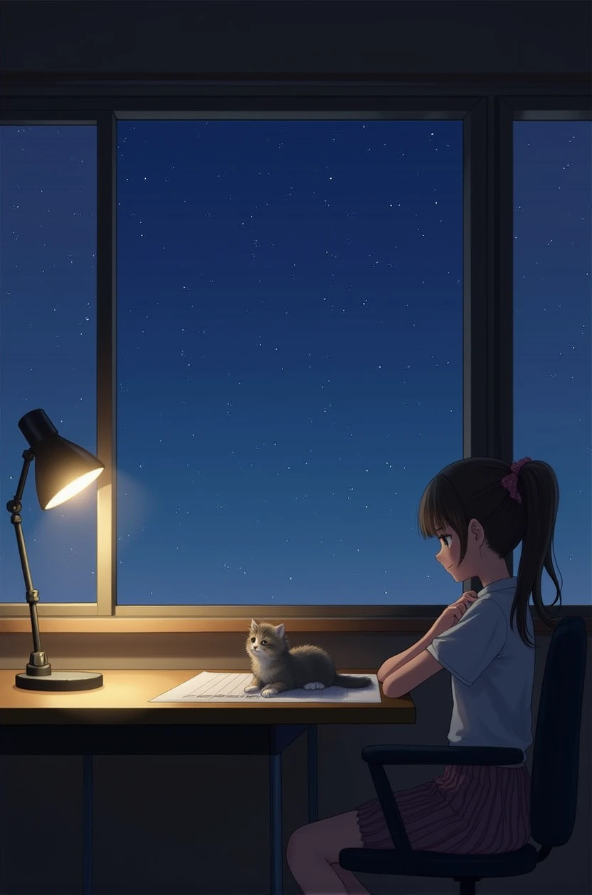 Room with lights turned off、Large windows in front、You can see the starry sky from the window、A girl with a ponytail and a kitten are relaxing at a desk、The starry sky lights up the room