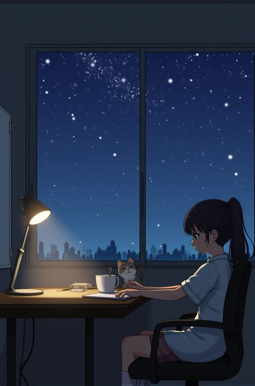 Room with lights turned off、Large windows in front、You can see the starry sky from the window、A girl with a ponytail and a kitten are relaxing at a desk、The starry sky lights up the room