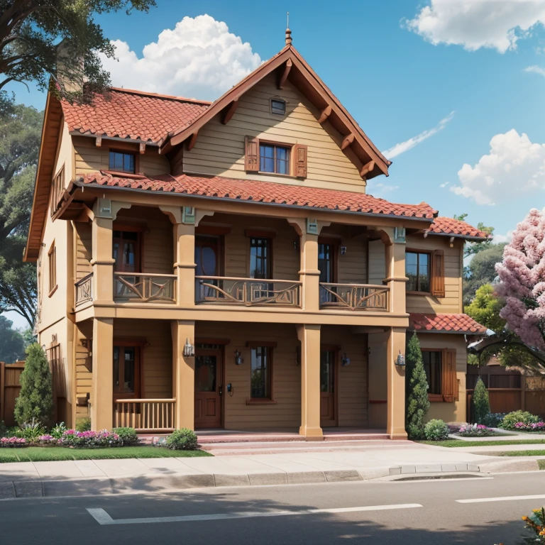 Painting the facade of a three-story Western-style small house., White walls, light green doors and windows, pink rose flowers, flower vines, anime background art, relaxation concept art, Anime landscape concept art, very detailed scenes, beautiful artwork illustrations, Highly detailed scenes, eco design illustrations, beautiful anime scenes, Anime landscapes, detailed soft painting, Ecological painting, bright colors, 3D ветер  