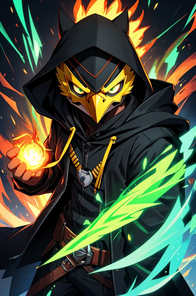offcial art, Unity 8k papel de parede, ultra detaild, bonitas,so the hawk man head with green aura of anthropomorphic fire ,neon eagle mask, with black jacket ,hooded cloak , with an angry face, ,fluffly, cute, shorty, kawaii, drawing 2
