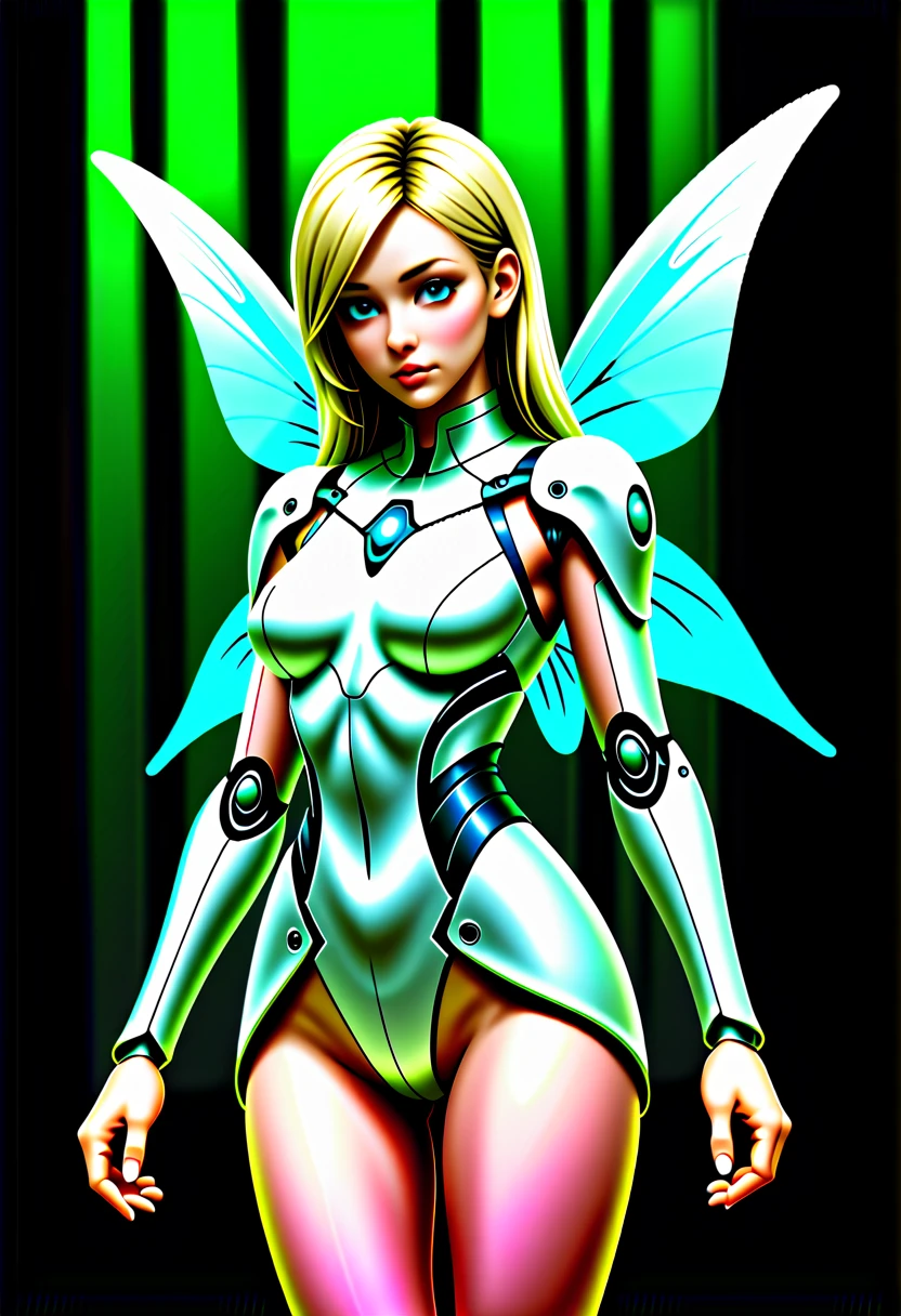 Fine white dress＿skinhead＿big butterfly wings_female cyborg_Fairy, mecha, in the forest