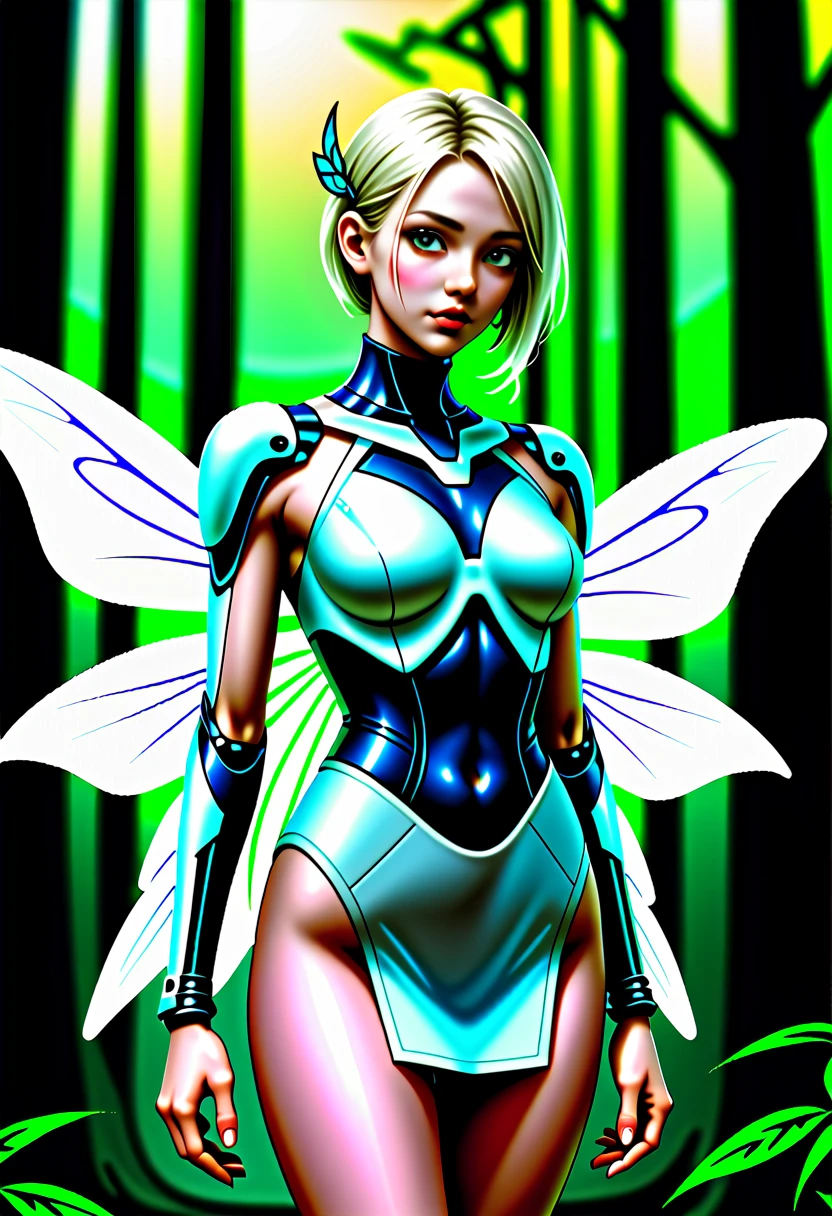 Fine white dress＿skinhead＿big butterfly wings_female cyborg_Fairy, mecha, in the forest