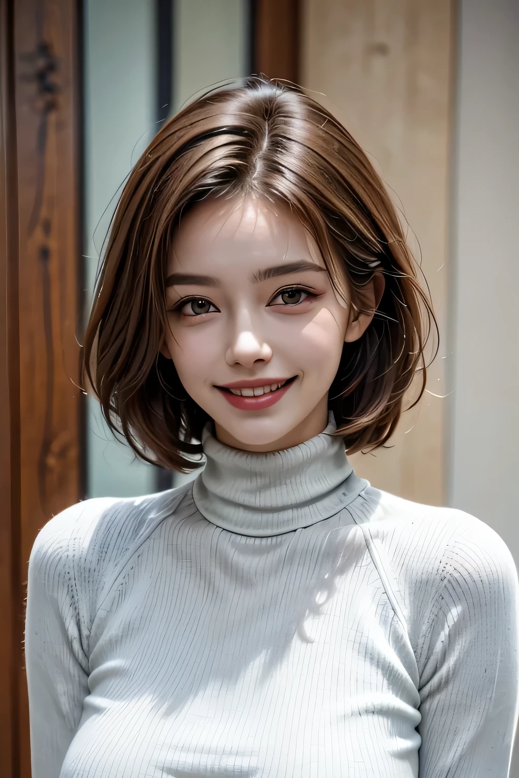 ((masterpiece)), ((Highest quality)), ((Complex)), ((Surreal)), (Realistic), (Mature Woman), ((No classes)), Very detailed, (1 female), Beautiful and exquisite, (Beautiful Teeth), Grin, Brunette bob hair, Brown eyes, ((Turtleneck sweater)), (Upper Body), (background:none), Perfect Eyes, Captivating eyes, Looking at the audience