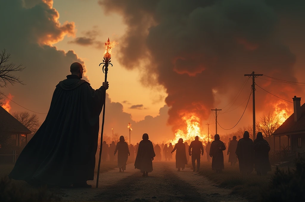 A cinematic, epic scene of a dark army led by a Dark Lord invading a village at dusk. The sky is filled with dark clouds and smoke from burning buildings, casting an eerie and apocalyptic glow. The Dark Lord, towering and menacing, wields a staff emitting dark energy. The army includes shadowy figures and various monstrous creatures wreaking havoc. Villagers are fleeing in terror, some carrying children or belongings. Fires blaze throughout the village, adding to the chaos. Focus on dynamic motion, dark magic, and the intense, apocalyptic atmosphere. High level of detail and realism to match cinematic quality.