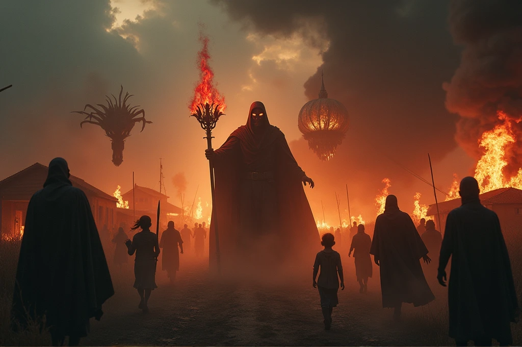 A cinematic, epic scene of a dark army led by a Dark Lord invading a village at dusk. The sky is filled with dark clouds and smoke from burning buildings, casting an eerie and apocalyptic glow. The Dark Lord, towering and menacing, wields a staff emitting dark energy. The army includes shadowy figures and various monstrous creatures wreaking havoc. Villagers are fleeing in terror, some carrying children or belongings. Fires blaze throughout the village, adding to the chaos. Focus on dynamic motion, dark magic, and the intense, apocalyptic atmosphere. High level of detail and realism to match cinematic quality.