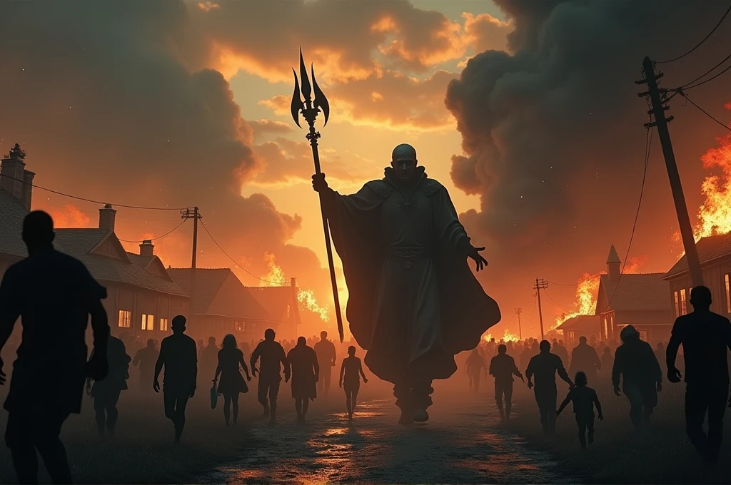 A cinematic, epic scene of a dark army led by a Dark Lord invading a village at dusk. The sky is filled with dark clouds and smoke from burning buildings, casting an eerie and apocalyptic glow. The Dark Lord, towering and menacing, wields a staff emitting dark energy. The army includes shadowy figures and various monstrous creatures wreaking havoc. Villagers are fleeing in terror, some carrying children or belongings. Fires blaze throughout the village, adding to the chaos. Focus on dynamic motion, dark magic, and the intense, apocalyptic atmosphere. High level of detail and realism to match cinematic quality.