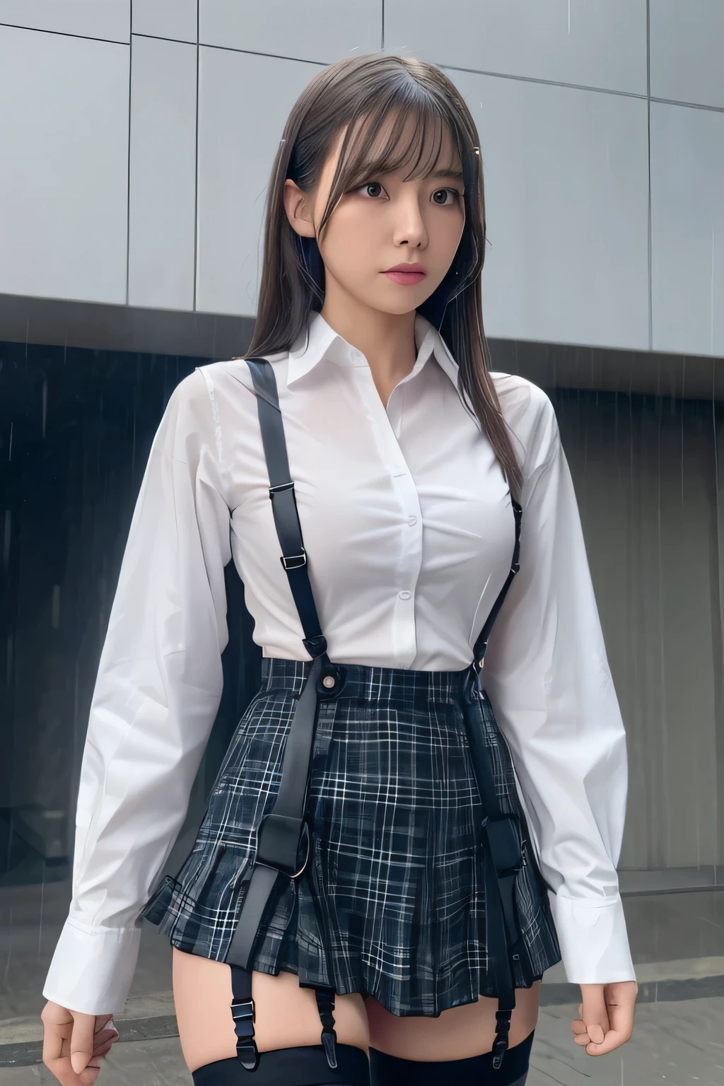 1 female, , high quality, masterpiece, Ultra-high resolution, Cinema Lighting, 1 female, , high quality, masterpiece, Ultra-high resolution, , Cinema Lighting, suspenders Moderate breasts Small face Looking up Sweat Thin belt buzzer 脇Sweat Garter belt Belt on pants holster Hands behind your back Looking up Anxious face Knee-high Knee socks Knee-highソックス garter ふとももにGarter belt Checkered mini skirt Panty shot Skirt gap Armament holster holster Hands behind your back Anxious expression Anxious face, legs apart Armament Leg holster holster See-through clothing heavy rain Rain-soaked dress shirt,