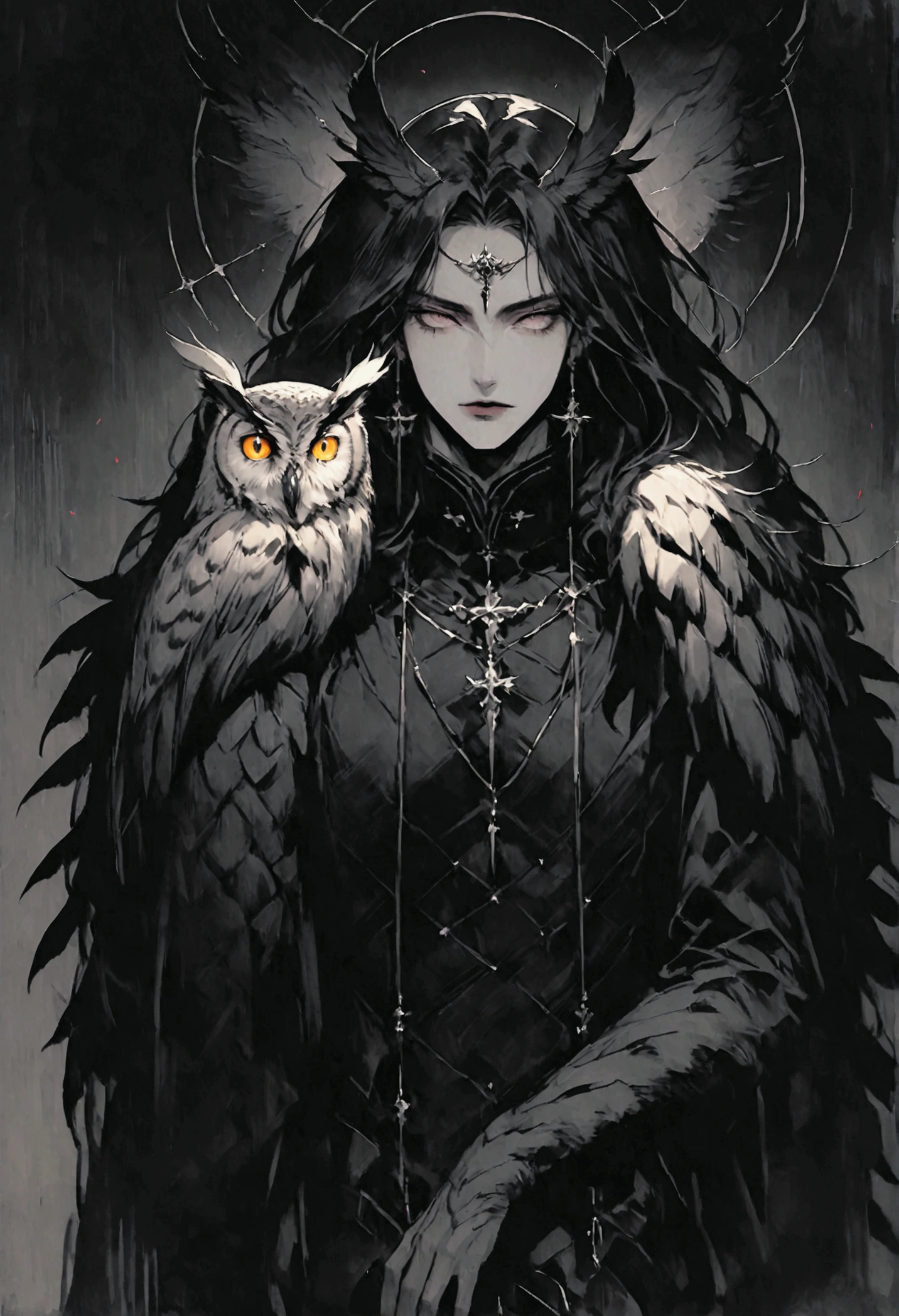 Create a manhwa-style illustration of a hybrid man and owl character. The character should have a majestic appearance, with an upright and imposing posture. His eyes should be green and penetrating, and his feathers should have a subtle shine, reflecting an aura of mystery and power. The character should have owl characteristics, such as feathers on his arms and shoulders, while still maintaining the form and presence of a human. His face should be human and beautiful, with refined features. Owl fur should cover his face like an owl's, but then it parts or lifts to reveal his human face underneath, adding a unique and elegant touch. He should be gorgeous and delicate, with an enigmatic aura. The background should be atmospheric, suggesting a nocturnal or mystical environment.