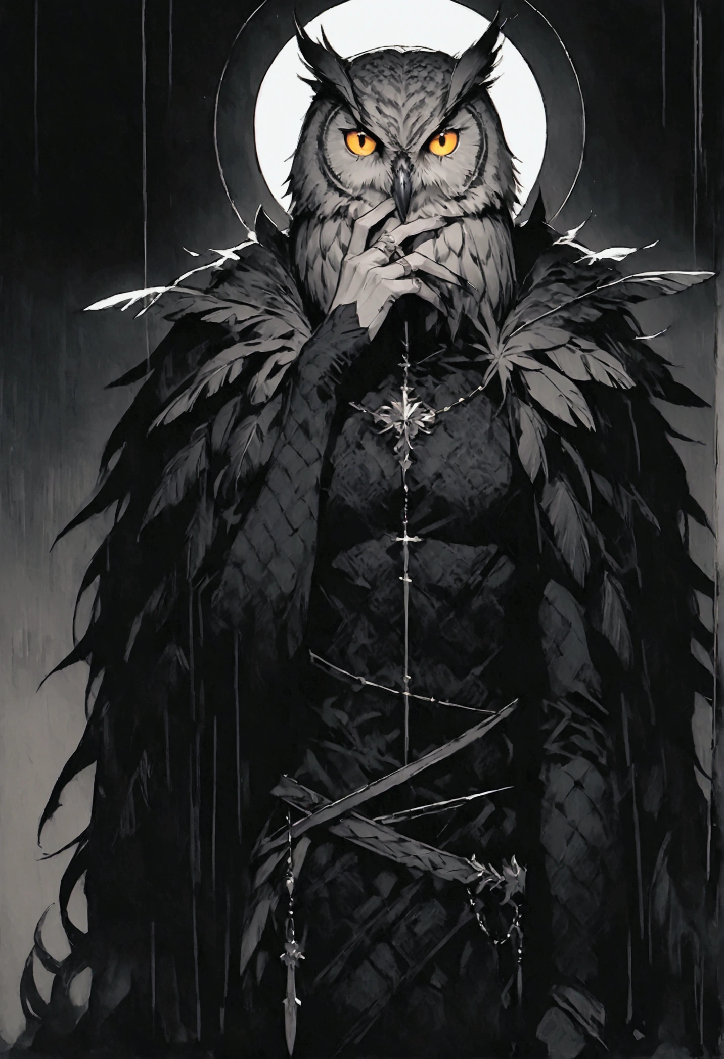 Create a manhwa-style illustration of a hybrid man and owl character. The character should have a majestic appearance, with an upright and imposing posture. His eyes should be green and penetrating, and his feathers should have a subtle shine, reflecting an aura of mystery and power. The character should have owl characteristics, such as feathers on his arms and shoulders, while still maintaining the form and presence of a human. His face should be human and beautiful, with refined features. Owl fur should cover his face like an owl's, but then it parts or lifts to reveal his human face underneath, adding a unique and elegant touch. He should be gorgeous and delicate, with an enigmatic aura. The background should be atmospheric, suggesting a nocturnal or mystical environment.