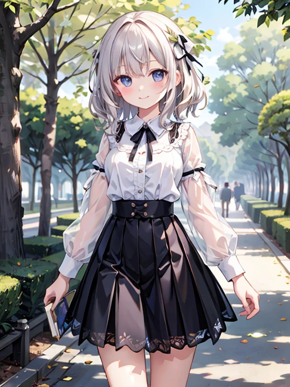 (masterpiece:1.2), Highest quality, High resolution, original, (Very detailed:1.2), Very detailed, wallpaper, Perfect lighting,(Very detailed CG:1.2), 8k, Anime illustration, One girl, alone, smile, Curly Hair, (White ribbon sleeve blouse:1.Knee-length skirt with lace:1.2), Standing in the park, Flowers and trees々Surrounded by, Sunlight filtering through the trees, sunny, close, front, View your viewers, Unity 4k,Large Breasts