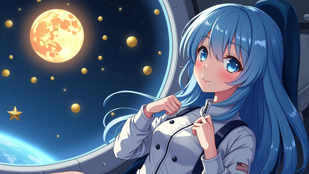 A sexy girl with blue eyes and long blue hair wearing space suit in a spaceship's cockpit. Floating in the air, while looking at a moon made with gold and stars in a shape of coins through a window. She's very beautiful and cute, her lips is soft pink, her hands is perfect and her eyes is very detail. Anime style, Japanese artist, high definition, masterpiece, best quality, high resolution, detail lighting and shadow.