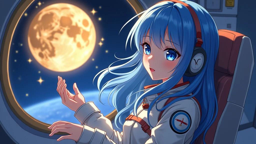 A sexy girl with blue eyes and long blue hair wearing space suit in a spaceship's cockpit. Floating in the air, while looking at a moon made with gold and stars in a shape of coins through a window. She's very beautiful and cute, her lips is soft pink, her hands is perfect and her eyes is very detail. Anime style, Japanese artist, high definition, masterpiece, best quality, high resolution, detail lighting and shadow.